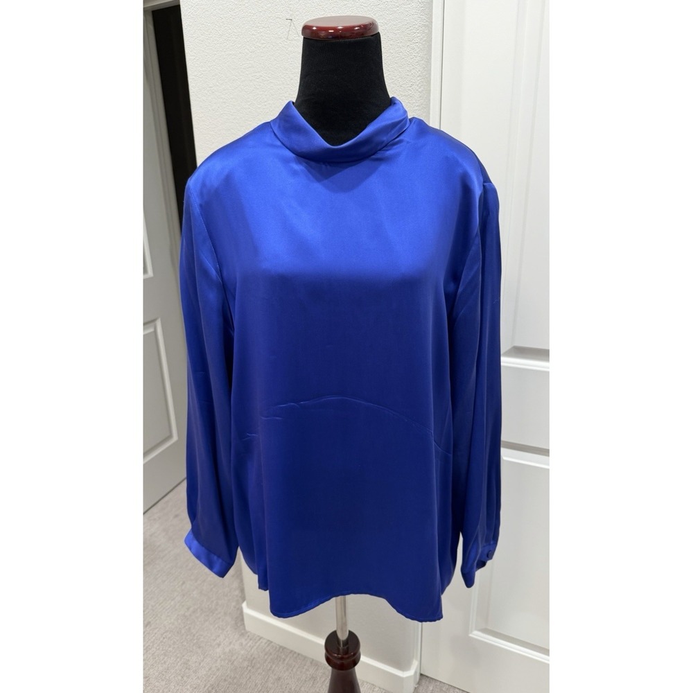 Vtg Y2k RENA ROWAN 100% Silk Blouse Sz 18W Top Royal Blue Mock neck Luxury
